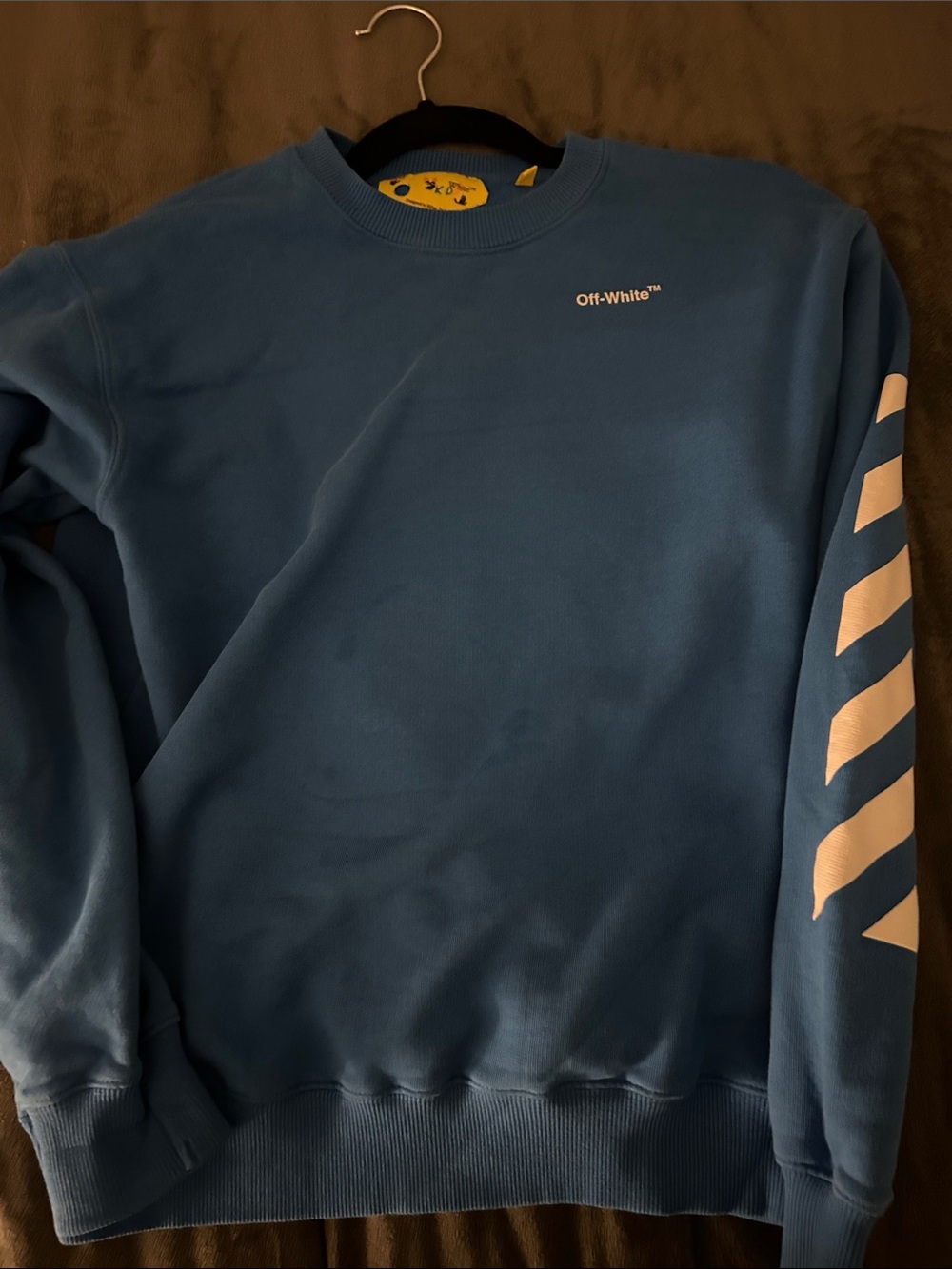 Off-White Blue Crewneck Sweatshirt with Diagonal Arm Stripes